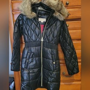Women's Petite black puffer trench jacket